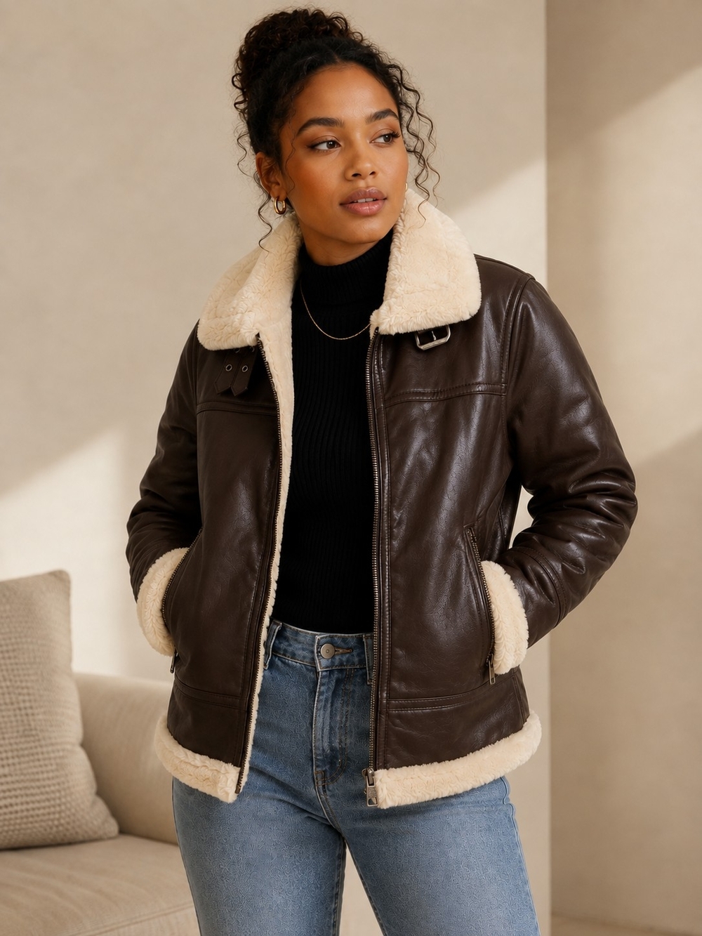 Women’s Dark Brown Leather Aviator Jacket with Cream Sherpa Trim